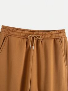 男士复古拼布棕色格子纽扣设计单口袋连帽外套和裤子两件套，休闲日常穿着，通勤，家居，秋冬新款，舒适服装