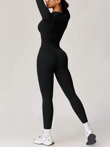 NcmRyu 1套女士弹力紧身简约圆领提拉塑身性感健身瑜伽户外运动套装 - 黑色 - 查看 10