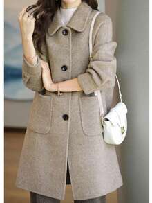 女士纯色口袋前开襟纽扣长袖大衣，秋冬款