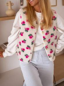 Áo khoác vest nữ thanh lịch, in họa tiết hoa, chất liệu lông cừu Sherpa, cài nút, màu trắng, thích hợp cho công sở. - trắng - Xem 5