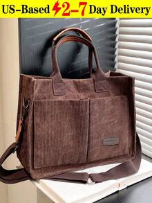 [US-Based Shipping]Brown Stylish Large Capacity Solid Color Corduroy Tote Bag For Women,Letter Patch Multi-Pocket Shoulder Bag For Commuting & Going Out, Lightweight Durable Removable Shoulder Strap Outdoor Travel Crossbody Bags, Casual Versatile Square Shopping Handbag,Simple Versatile,Hobo Tote Bag For Women, Casual Large Capacity Purse Bucket Bag, Shoulder Satchel Daypack For Outdoor Travel And Work Commuting, Vintage Satchel Shopping Bags Computer Handbag,Purses And Bags Women Bags For Women Black Purse Beach Bag Halloween Tote Bags For Women Bolsos Para Mujer Crossbody Bags For Women Handbags For Women White Purse Totes Bags For Women Brown Purse Clear Bag School Bag Bride Purses For Women Wedding Clear Purse Work Bag Lunch Bag For Women Carteras Para Mujer - 棕色 - 查看 13