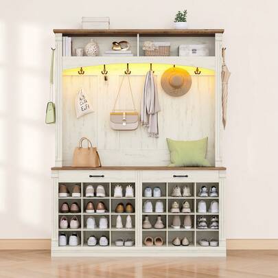 HaluPeit 59" Farmhouse Hall Tree With Bench And Shoe Storage, LED Entryway Furniture With 8 Hooks, 24 Shoe Cubbies Hall Tree With Storage, Entryway Storages And Coat Rack Wood, Rustic White