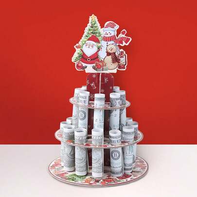 1PC Christmas Money Stand, Festival Party Cake Stand, Decorated Oil Painting Style Christmas Wallet, Double-Sided Printed Paper Desktop Display Cake Stand, Suitable For Christmas And Birthday Parties