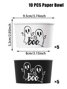 10pcs Halloween Themed Disposable Paper Bowl, Halloween Black White Ghost Pattern Party Decoration Paper Bowl, Halloween Ghost Disposable Food Container, Halloween Dining Table Decoration Paper Bowl, Halloween Horror Element Disposable Paper Container, Paper Bowl Container For Treat Candy Snack Nacho Cookie Trick Or Treating Birthday Party Favor, Halloween Decoration, Halloween Food Tray