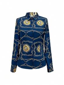 女式 Y2K 蛇纹长袖修身衬衫，优雅波西米亚风格，春夏 - 藍色 - 查看 4