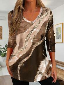 Women's Marble Print Curved Hem T-Shirt - Camel - View 2