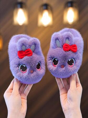 Cute Cartoon Bow Rabbit 2025 Autumn And Winter New Children's Warm Plush Slippers Fashionable And Comfortable Soft Bottom Home Slippers