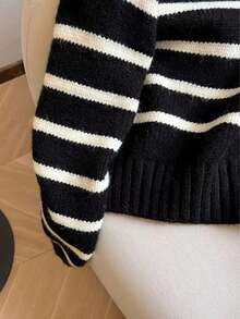 Women's Loose Slouchy Warm Black & White Striped Half-Zip Turtleneck Sweater, Autumn/Winter - Black - View 4