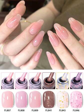 FOUR LILY 4 LILY Juego de 6 esmaltes de uñas de gel con base de goma, glitter y lentejuelas, color rosa nude, de remojo, UV, gel semi-permanente y reforzado de 10ml