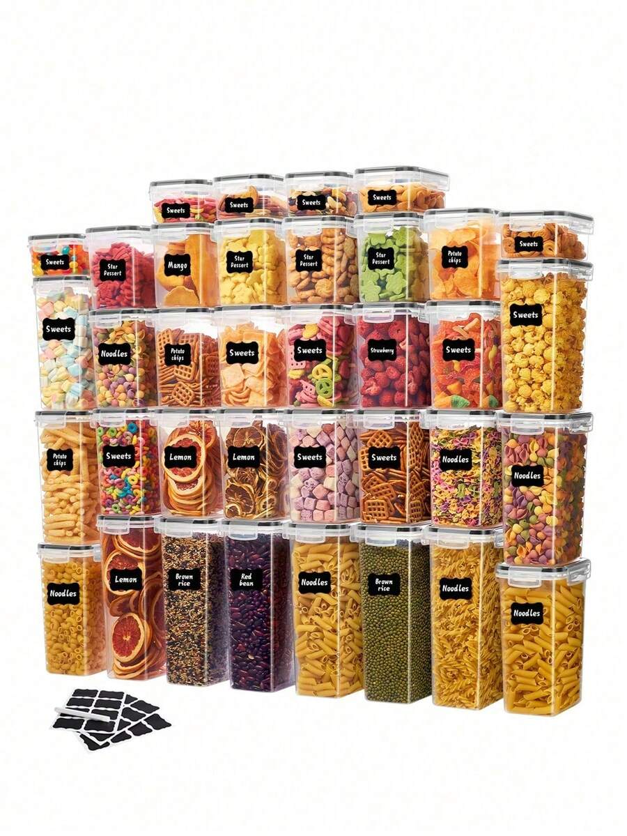 36pcs Pantry Storage Containers,Food Canister For Dry Food, Cereals, Airtight Food Storage Containers With Lids,Flour, Sugar, Ideal For Storage & Dishwasher - 黑與白 - 查看 1