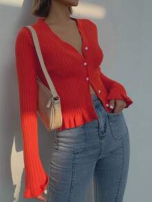 Elegante y de moda Cárdigan de punto a cuadros con escote en V para mujer en otoño-invierno - Mangas largas, longitud corta, bordes con volantes, cierre con botones delanteros. Adecuado para Acción de Gracias, Navidad, Año Nuevo y otras ocasiones.