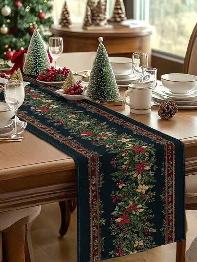 1pc Christmas Tree Printed Table Runner, Christmas Decor Linen-Like Table Runner, Table Runner, 1pc Table Runner, 4pcs Placemats, 1pc Cushion Cover, 3 Products Available, Seasonal Home Decor Indoor/Outdoor Party Supplies, Winter Home Decor, Christmas Decoration, Christmas Room Decor, Christmas Party Decoration