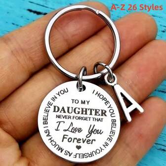 1pc DAUGHTER Initials A-Z Key Ring Round Stainless Steel Laser Engraving Love Personalized Keychain For Daughter - Perfect Back To School Birthday Or Christmas Stocking Gift Gift Ideas Bag Lanyards With Id Holder Car Accessories Bag Charms