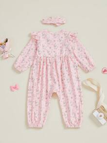Infant Baby Girl Outfit Goose Heart Print Crew Neck Long Sleeve Jumpsuit Newborn Romper Fall Winter Clothes Headband - 粉色 - 查看 7