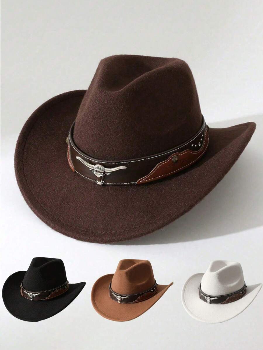 A Classic Western Cowboy Hat For Both Men And Women, A Fashionable Wide-Brimmed, Form-Fitting Top Hat With Silver Metal Buckles, Made Of Polyester, Suitable For Both Men And Women, Perfect For Casual Daily Wear, Outdoor Activities, Horseback Riding, And Party Stage Performances