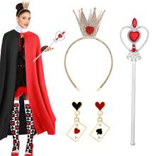 3 Pcs/Set Queen Cosplay Costume Accessories Includes Gold Crown Headband Heart Rhinestone Scepter Red Heart Drop Earrings For Women Cosplay Party Costume