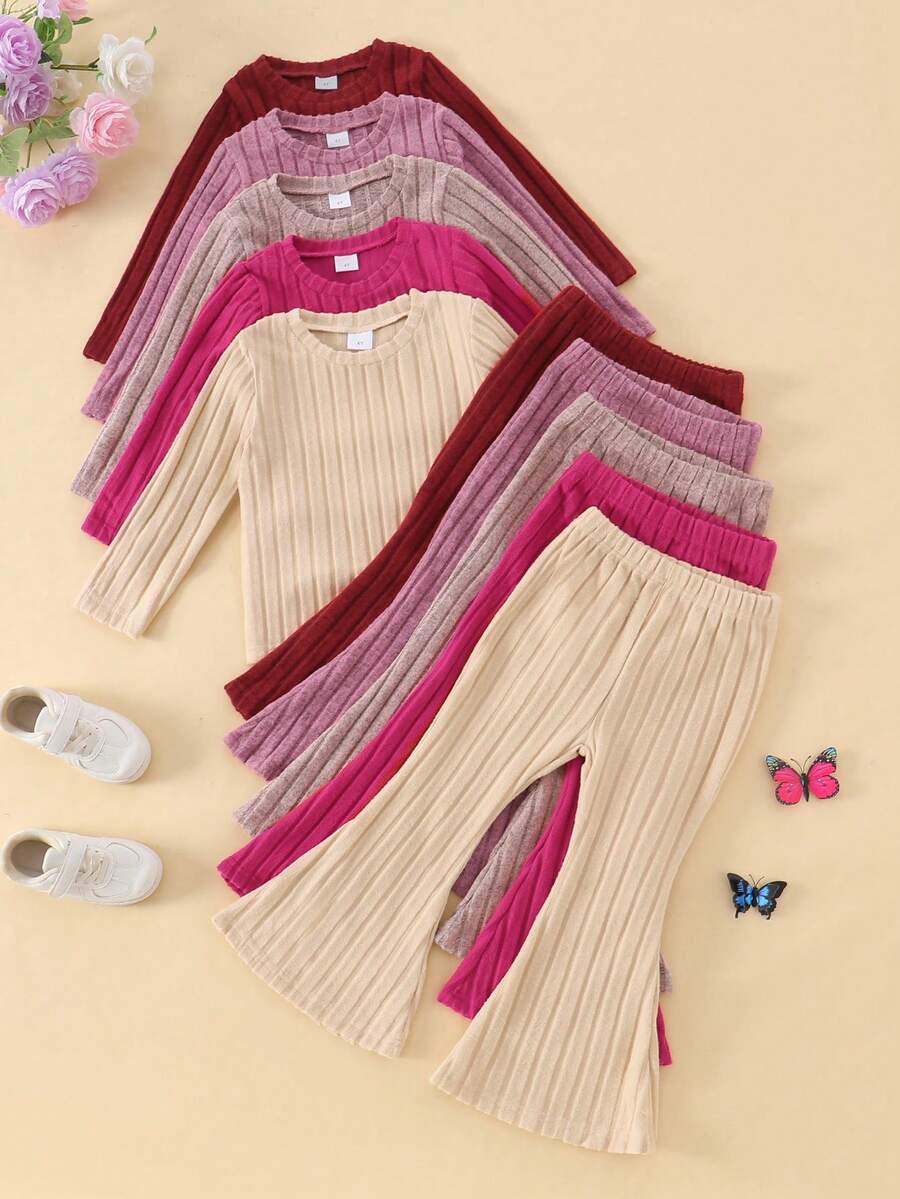 Conjunto de 10 piezas de top de manga larga y pantalones acampanados de punto acanalado suave y de unicolor para niñas, para otoño/invierno - Multicolor - Ver 1