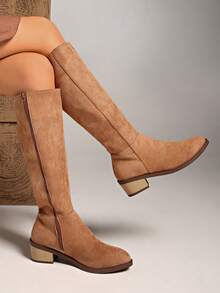 西式侧拉链新款叠跟梅拉德圆头扣带中筒靴女靴 - 卡其色 - 查看 1