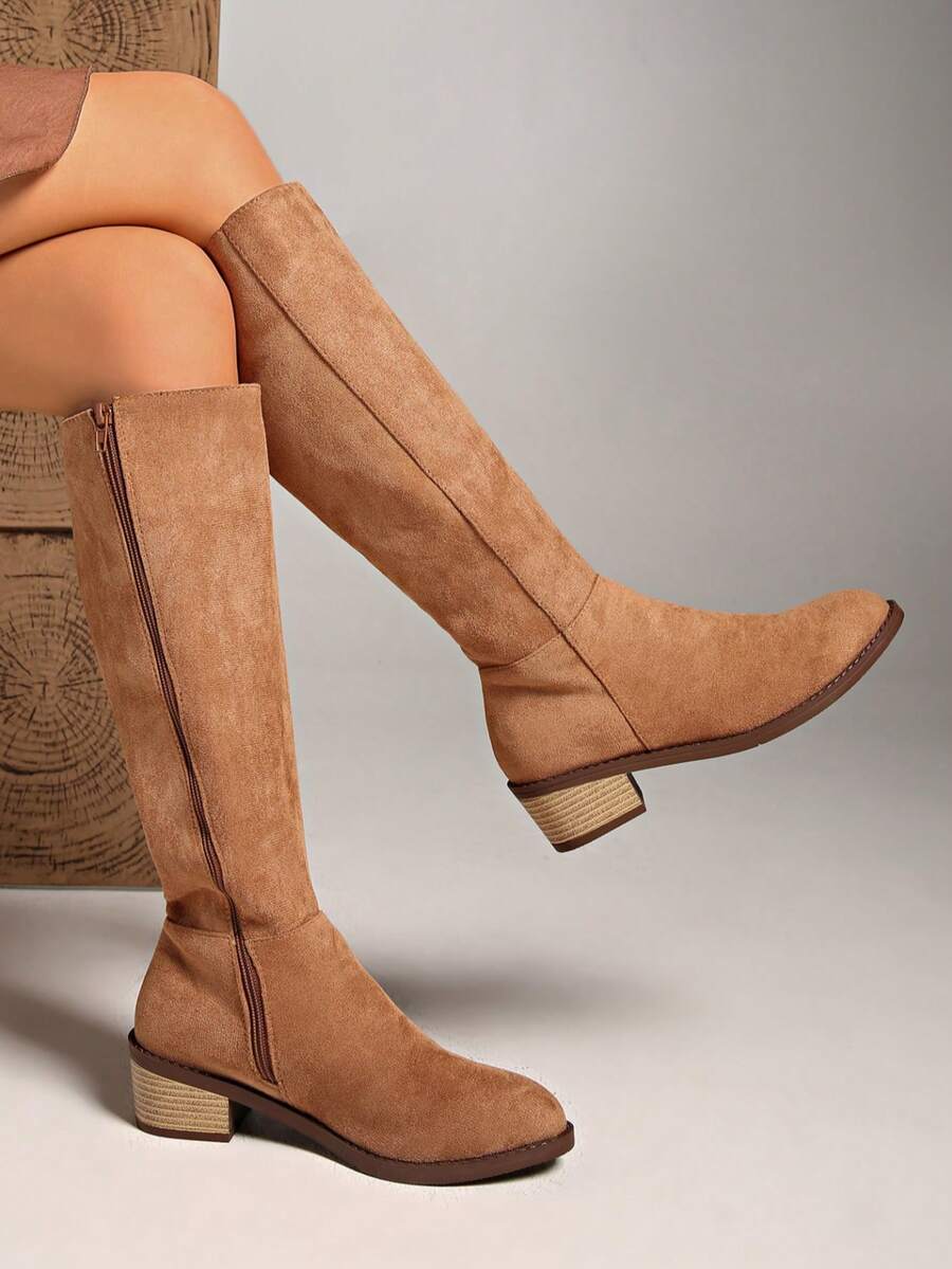 西式侧拉链新款叠跟梅拉德圆头扣带中筒靴女靴 - 卡其色 - 查看 1