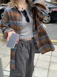 女士格子落肩长袖衬衫，随机拼接设计，春季款 - 桔色 - 查看 8