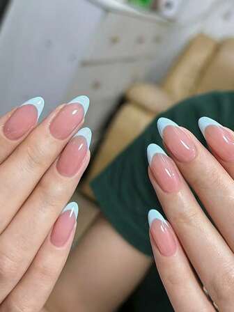 Set de 24 de autocolante pentru unghii false, în formă de migdală, albastru lăptos, stil francez și minimalist, potrivite pentru femei, pentru zi cu zi, la serviciu, la întâlniri, include 1 ojă gel și 1 pilă de unghii