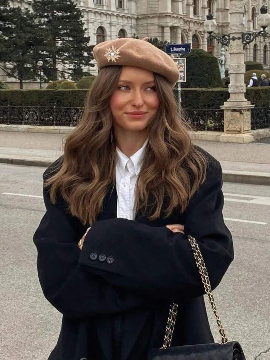 1 Mũ nồi nữ, Thu/Đông, Phong cách Hàn Quốc, Mũ nồi bí ngô, Thường ngày, Len ấm, Thích hợp để đội hàng ngày - Màu Khaki - Xem 1