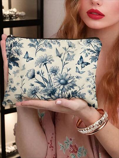 1 Túi đựng đồ trang điểm bằng vải canvas Chinoiserie màu xanh lam, nhẹ, có thể gấp gọn, có khóa kéo, dùng khi đi du lịch, đựng đồ trang điểm cần thiết cho kỳ nghỉ, đồ dùng trong ký túc xá, quà tặng hoàn hảo cho phụ nữ, trẻ em, giáo viên