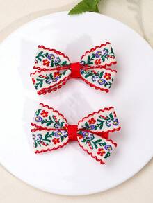 2pcs Girls Embroidered Hair Clips, Floral Embroidery & Satin Alligator Hair Clips, Teenage Hair Accessories - Red - View 7