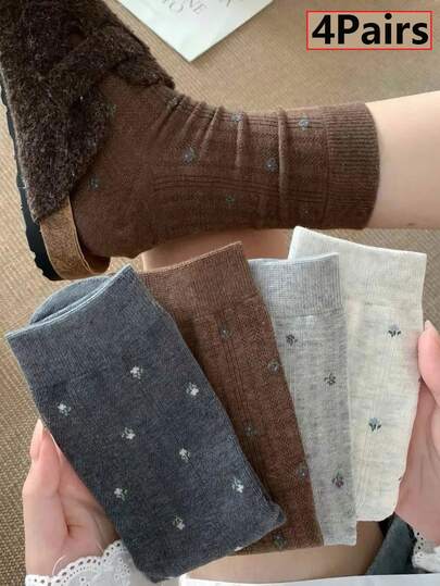 4 pares de calcetines de media caña con estampado floral minimalista y fresco, calcetines de estilo vintage elegante francés, para otoño/invierno