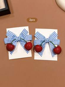 2pcs Red Cherry Bow Hair Clips, Sweet Style Side Clips For Girls, Suitable For Daily Use - Blue - View 6