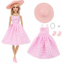 Quần áo búp bê 30cm Váy kẻ sọc hồng trắng, mũ, giày, vòng cổ, bộ vòng tay, quà tặng sinh nhật/lễ hội đồ chơi công chúa (Không bao gồm búp bê) - Hồng - Xem 8