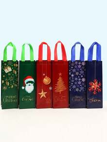 6pcs Christmas Wine Gift Bags With Handles, Reusable Thick Christmas Wine Bottle Wrapping Paper Bags, Perfect Holiday Birthday Party Bags For Wine, Champagne, Whiskey, Christmas Gifts, Home Decoration, Assorted Colors And Styles