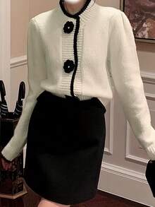 おしゃれなボタンフロントカーディガンセーターコート女性用 - 柔らかくゆったりとしたスタンドカラーニットウェア、フレンチエレガントでかわいい小さな香りの冬の気質コート - ホワイト - チェックする 1