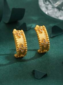 1 对高品质欧美方晶锆石镀铜 18K 星空万花筒四叶草奢华耳环，适合女士日常佩戴的礼物 - 金黃色 - 查看 1