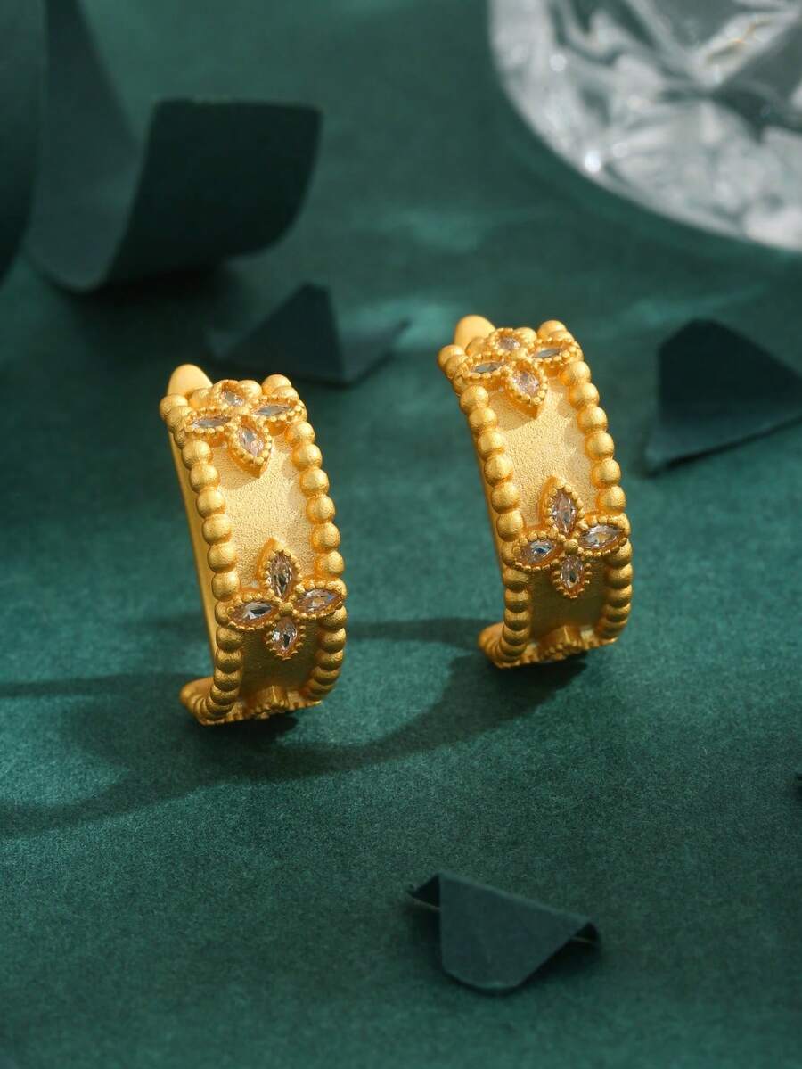 1 对高品质欧美方晶锆石镀铜 18K 星空万花筒四叶草奢华耳环，适合女士日常佩戴的礼物 - 金黃色 - 查看 1