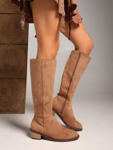 西式侧拉链新款叠跟梅拉德圆头扣带中筒靴女靴 - 卡其色 - 查看 2