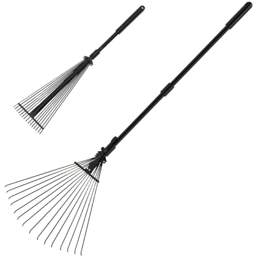 Collapsible Garden Rakes - Garden Rake 25 Tines - 31-67 Inch Adjustable Rakes For Lawns, Artificia - Heavy Duty Metal Tines - Black - Default - View 1