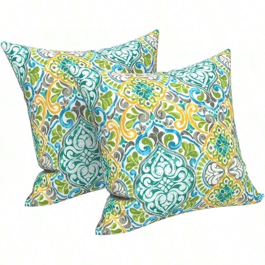 Outdoor/Indoor Throw Pillows, 18x18 Square Pillows With Inserts Bed, Couch, Sofa & Patio Furniture (Set Of 2, Monstera Blue), Decorative Pillows - 錦緞綠 - 查看 1