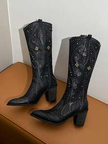 2025 Nouvelles bottes mode femme, style western  avec rivets, bout pointu, talon épais. Idéal pour les vacances en automne/hiver