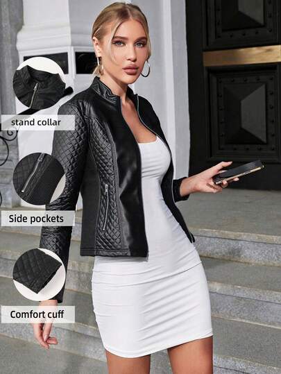 Giolshon Women's Plus Size Fashion Minimalist PU Biker Jacket, Suitable For Casual Wear In Autumn/Winter