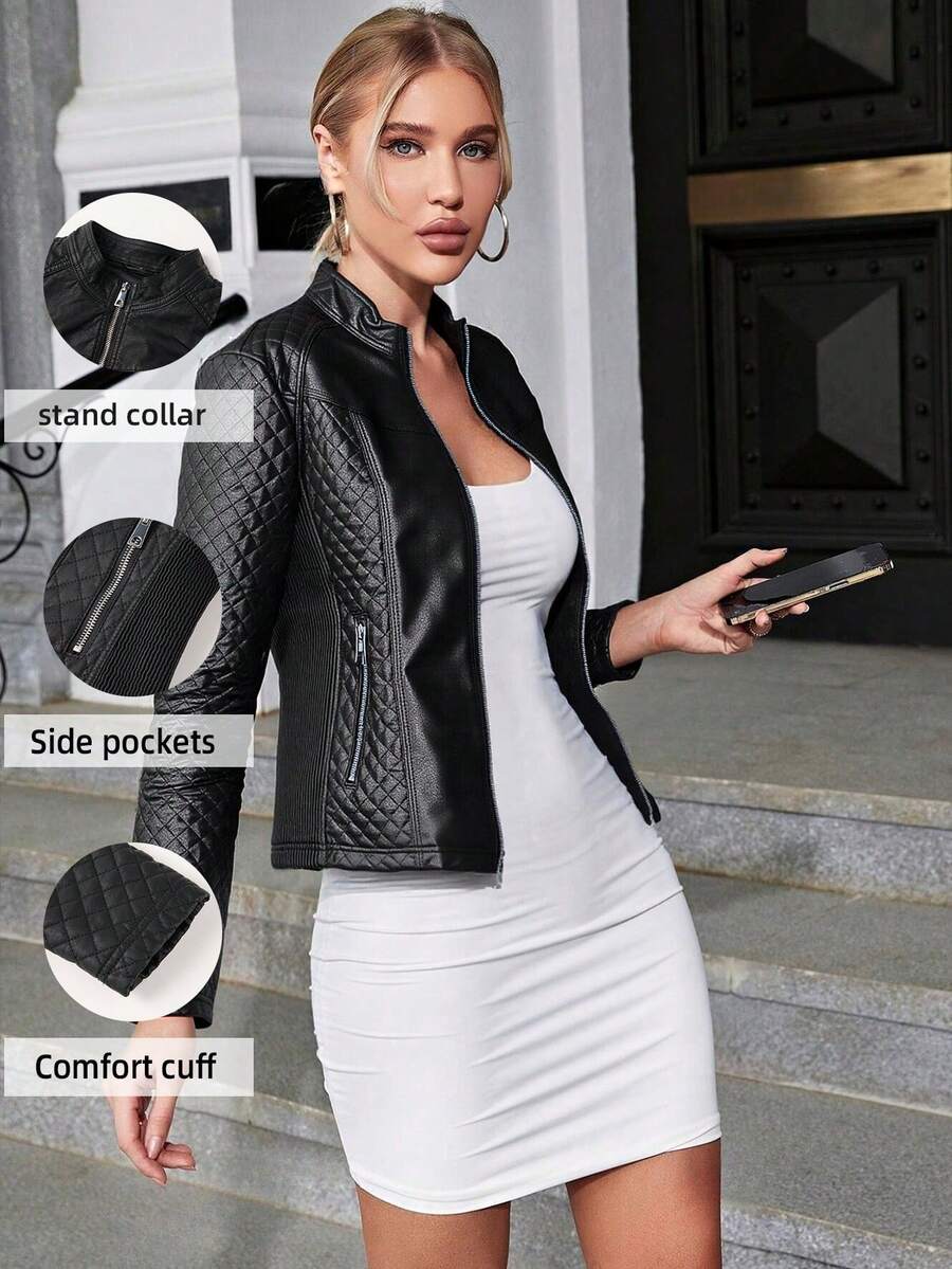 Giolshon Women's Plus Size Fashion Minimalist PU Biker Jacket, Suitable For Casual Wear In Autumn/Winter - 黑色 - 查看 1