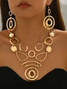 2pcs/Set Autumn/Winter Geometric Asymmetrical Circle & Triangle Patchwork Tassel Necklace & Earrings Elegant Jewelry Set, Metallic Style - Yellow Gold - View 5