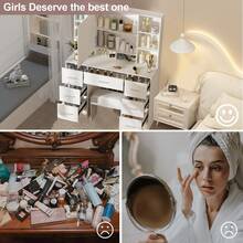 Makeup Dressing Table With Mirror,Vanity Desk,4 Drawers 6 Open Storage Shelves,Makeup Table,3 Color Modes Adjustable Brightness,10 LED Lights Mirror,For Women Gift,Bedroom Furniture(White)