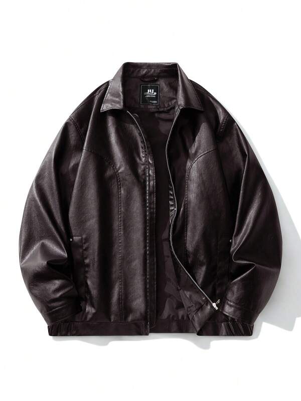 Plus Size PU Leather Jacket, Coffee Lapel Motorcycle Leather Coat, Suitable For Autumn/Winter