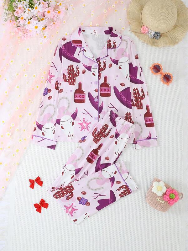Set de 2 piezas de pijama informal para niñas y adolescentes con estampado de vaca y cactus en cuello y manga larga, resistente a las llamas, adecuado para Halloween y todas las estaciones
