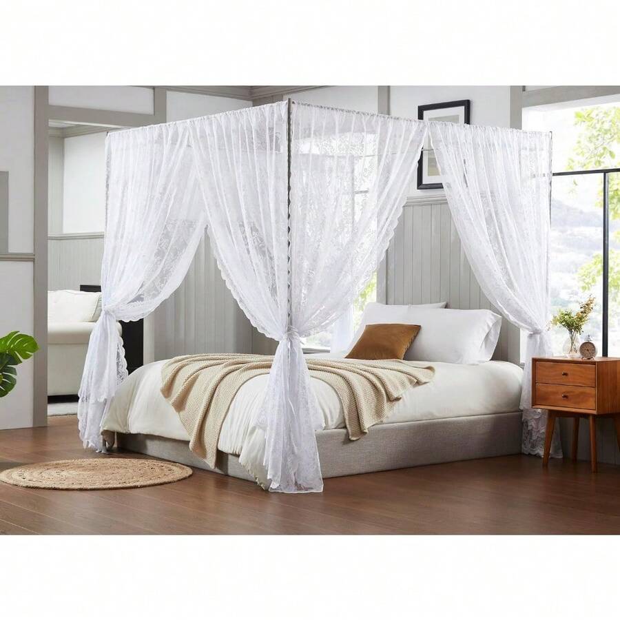 Lace Canopy Bed Curtains Set - 8 Panels 48"X78" White Canopy Curtains With Tie-Backs For Queen/King/Twin Beds, Coquette Vintage Bedroom Decor - 白色 - 查看 1