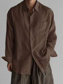 Men's Solid Color Pocket Front Button Long Sleeve Casual Shirt, Summer - Coffee Brown - View 3