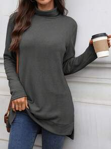 Womens Knit Tops Fall Long Sleeve Turtleneck Solid Color Slit Hem Casual Pullover Sweater - Dark Grey - View 5