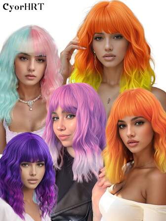 Halloween Colourful Wigs Water Wave Hair Wig For Women Curly Hair Wigs With Bangs Looking Natural Hair Wig For Women Ombre Colors Orange Purple Pink And Blue Lavender Synthetic Hair Wig For Daily School Party Cosplay Holiday Christmas Decorations
