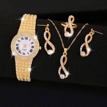 1 Set de reloj de cuarzo con diamantes pavé en tono dorado, con collar, aretes y anillo a juego, adecuado para uso diario, regalo de cumpleaños, fiesta, reunión festiva, regalo ideal para ti o tus amigos. Sin empaque incluido. - Dorado - Ver 5